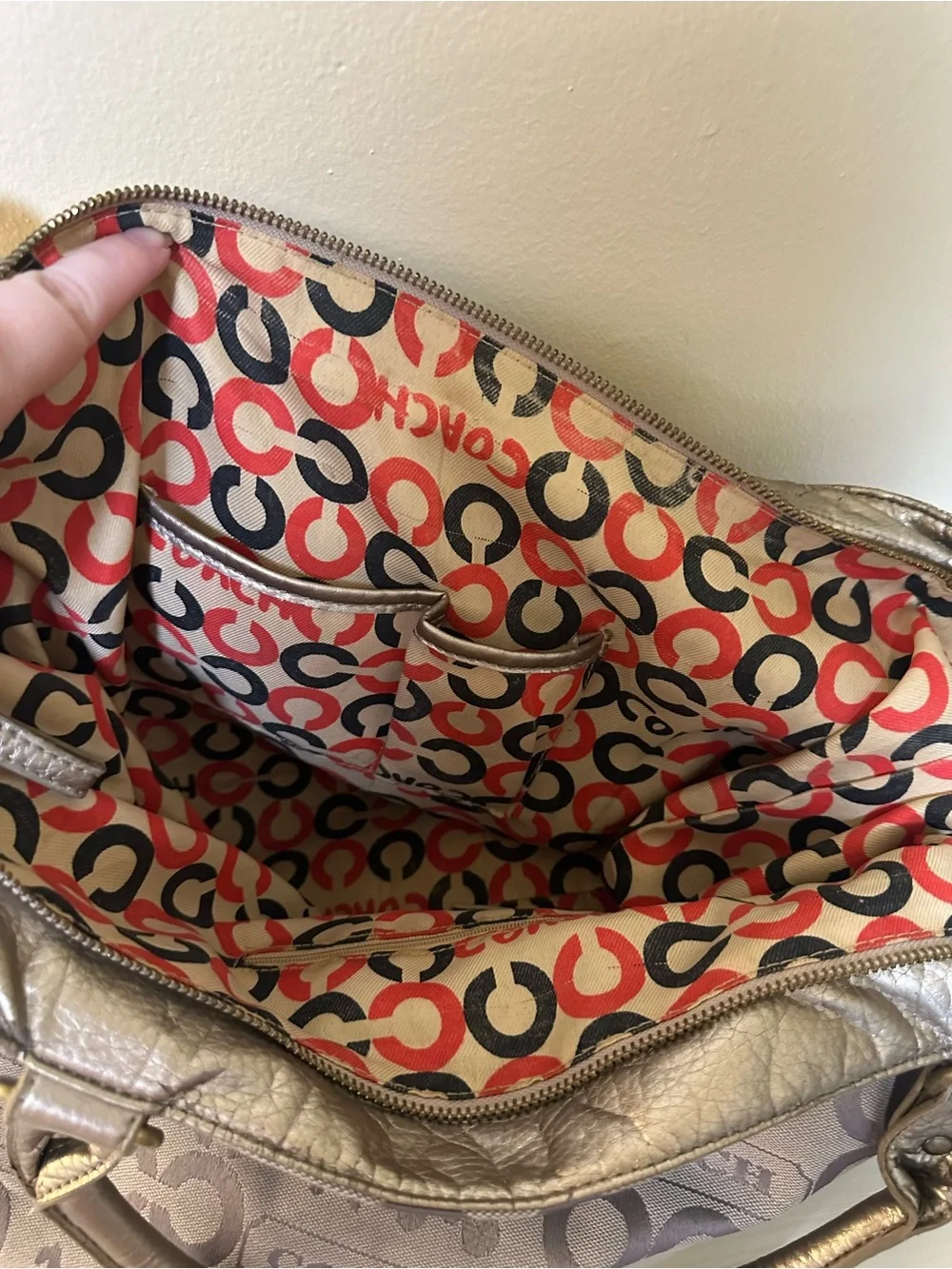 Coach Taupe Signature Tote with Metallic Gold Bow Accents